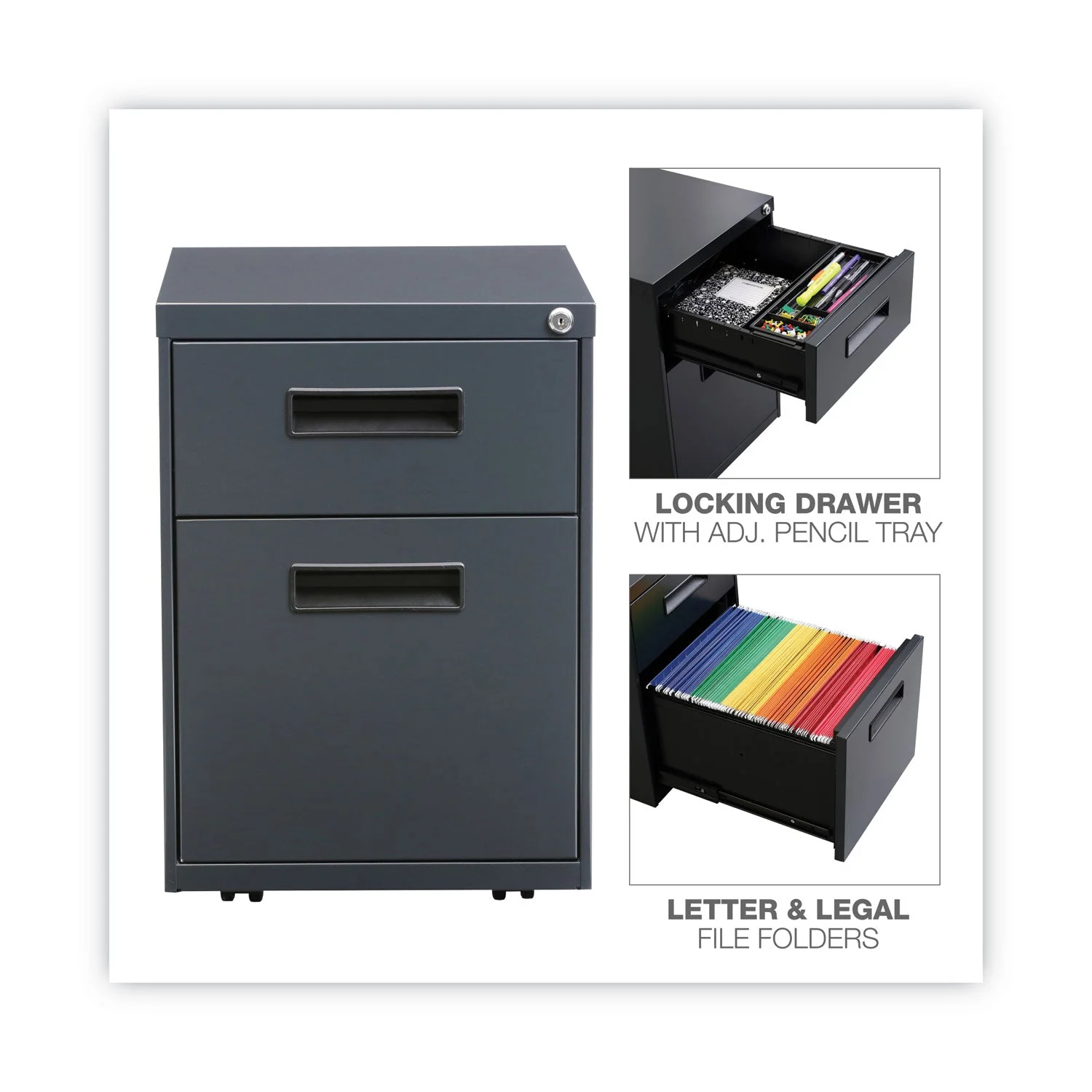 Alera File Pedestal, Left or Right, 2-Drawers: Box/File, Legal/Letter, Charcoal, 14.96" x 19.29" x 21.65" - Image 4