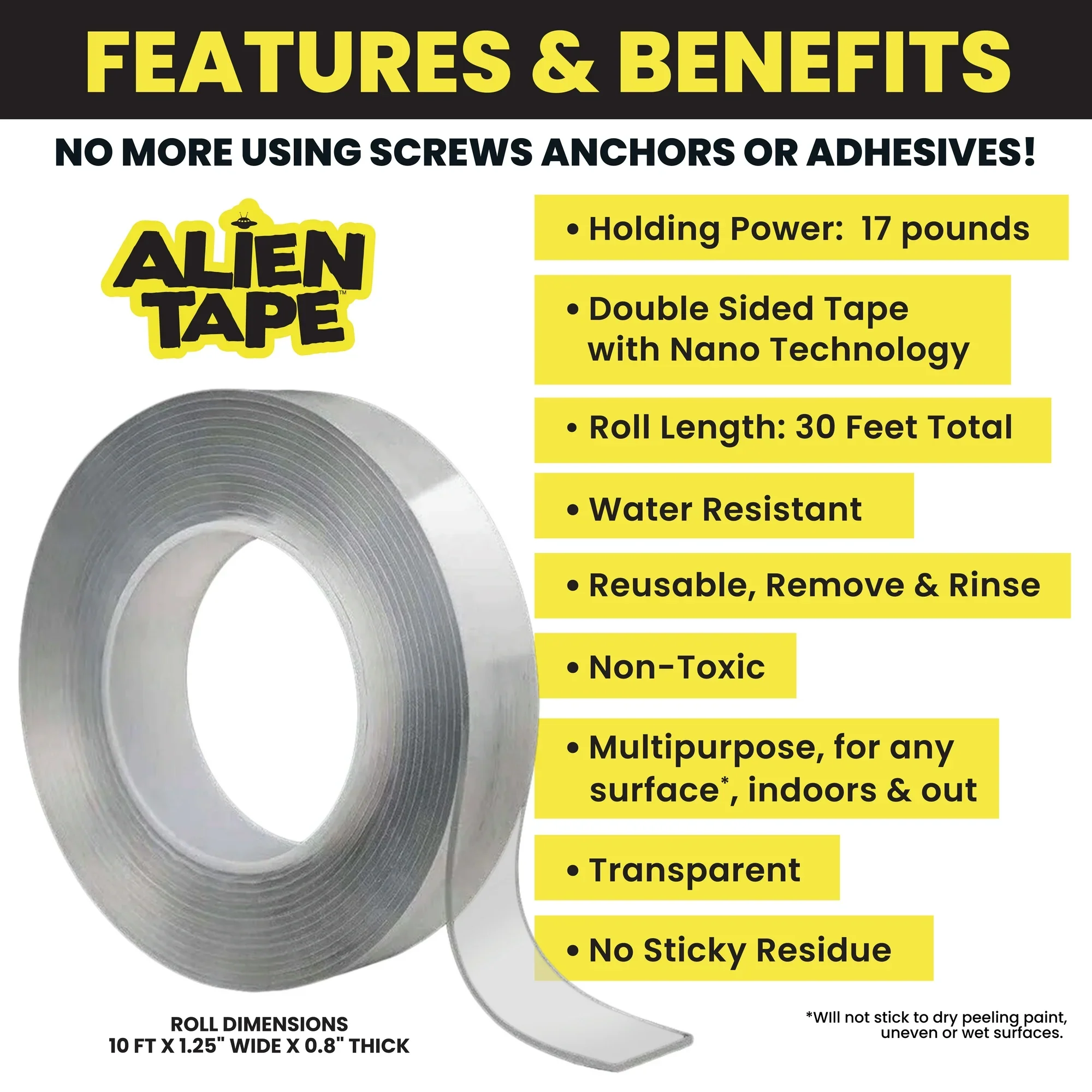 Alien Multipurpose Adhesive Transparent Double Sided Nano Tape Roll 1.18" Wide x 10 Feet Long - Image 3