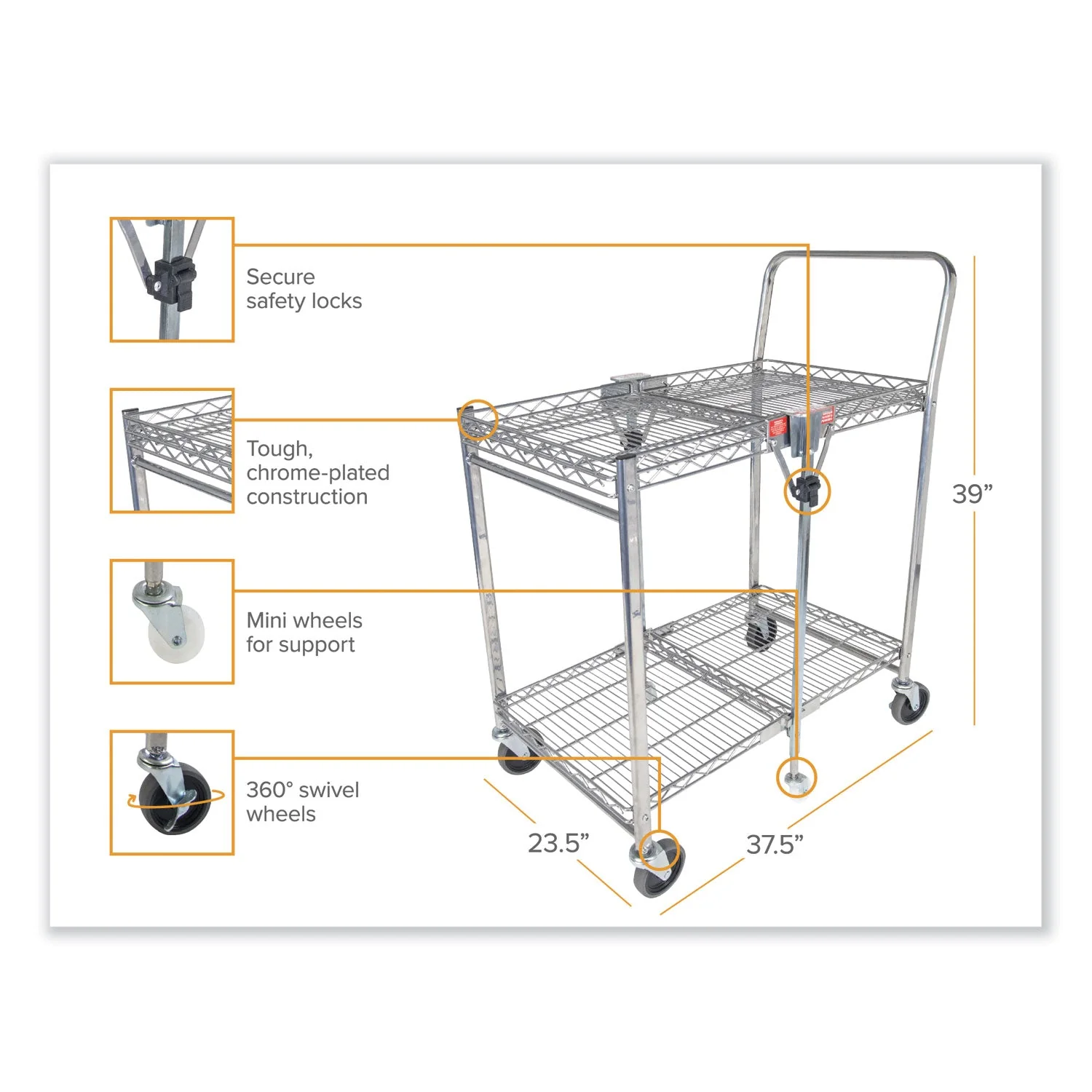 Bostitch® Stowaway™ Folding Carts, Metal, 2 Shelves, 250 lb Capacity, 35" x 37.25" x 22", Chrome - Image 2
