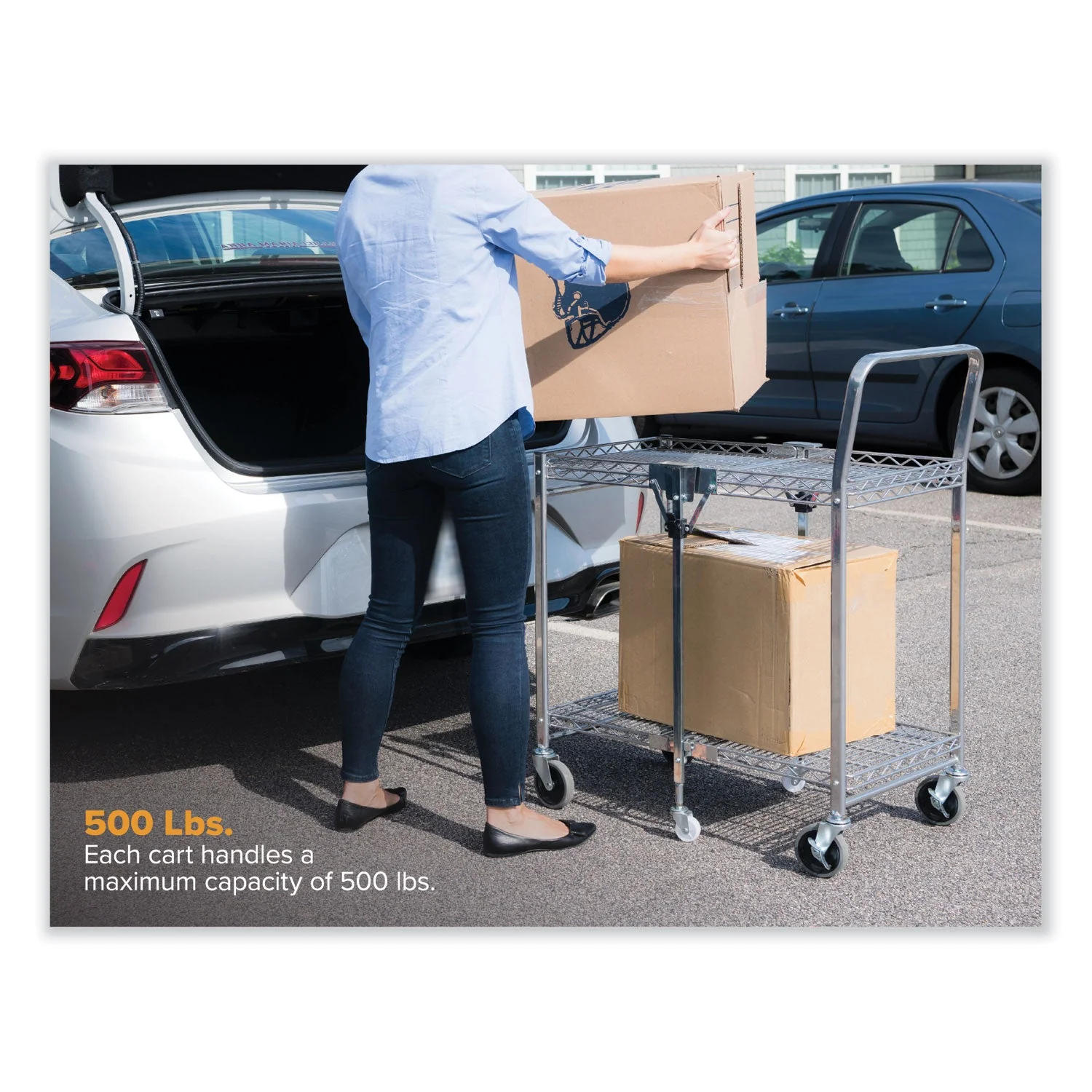 Bostitch® Stowaway™ Folding Carts, Metal, 2 Shelves, 250 lb Capacity, 35" x 37.25" x 22", Chrome - Image 5