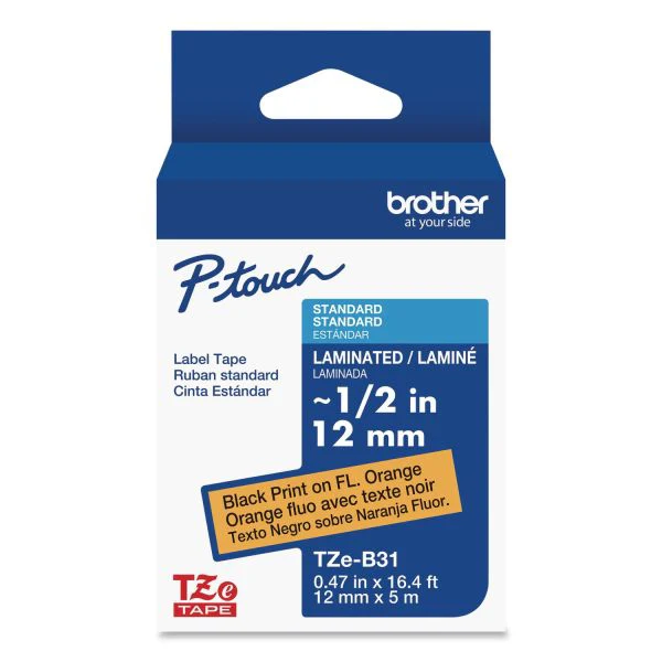 Brother TZeB31 Laminated Label Tape for Half Inch 12mm P-Touch Labelers (Black on Bright Orange 0.5" x 26.2') - Image 2