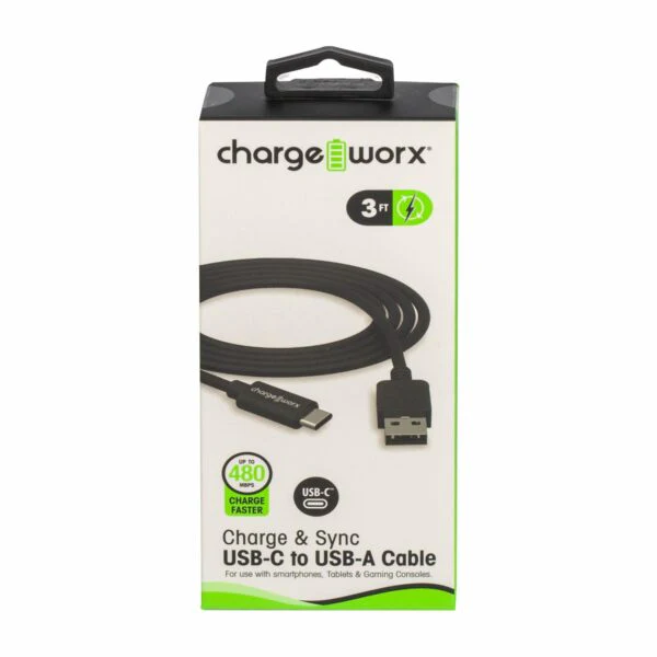 ChargeWorx CX4626BK USB-C To USB-A Sync & Cable 3' (Black) - Image 2