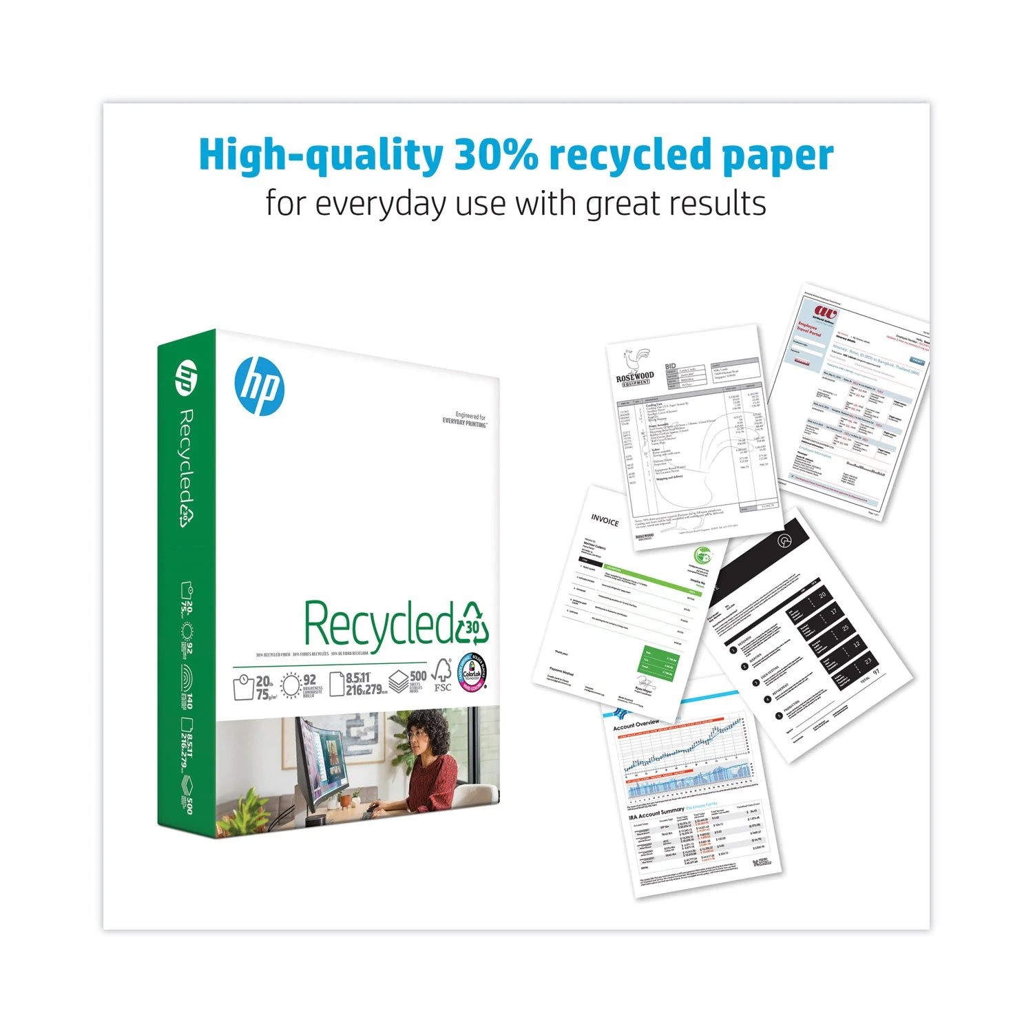 HP Papers Recycled30 Paper, 92 Bright, 20 lb Bond Weight, 8.5 x 11, White, 500 Sheets/Ream, 10 Reams/Carton - Image 3