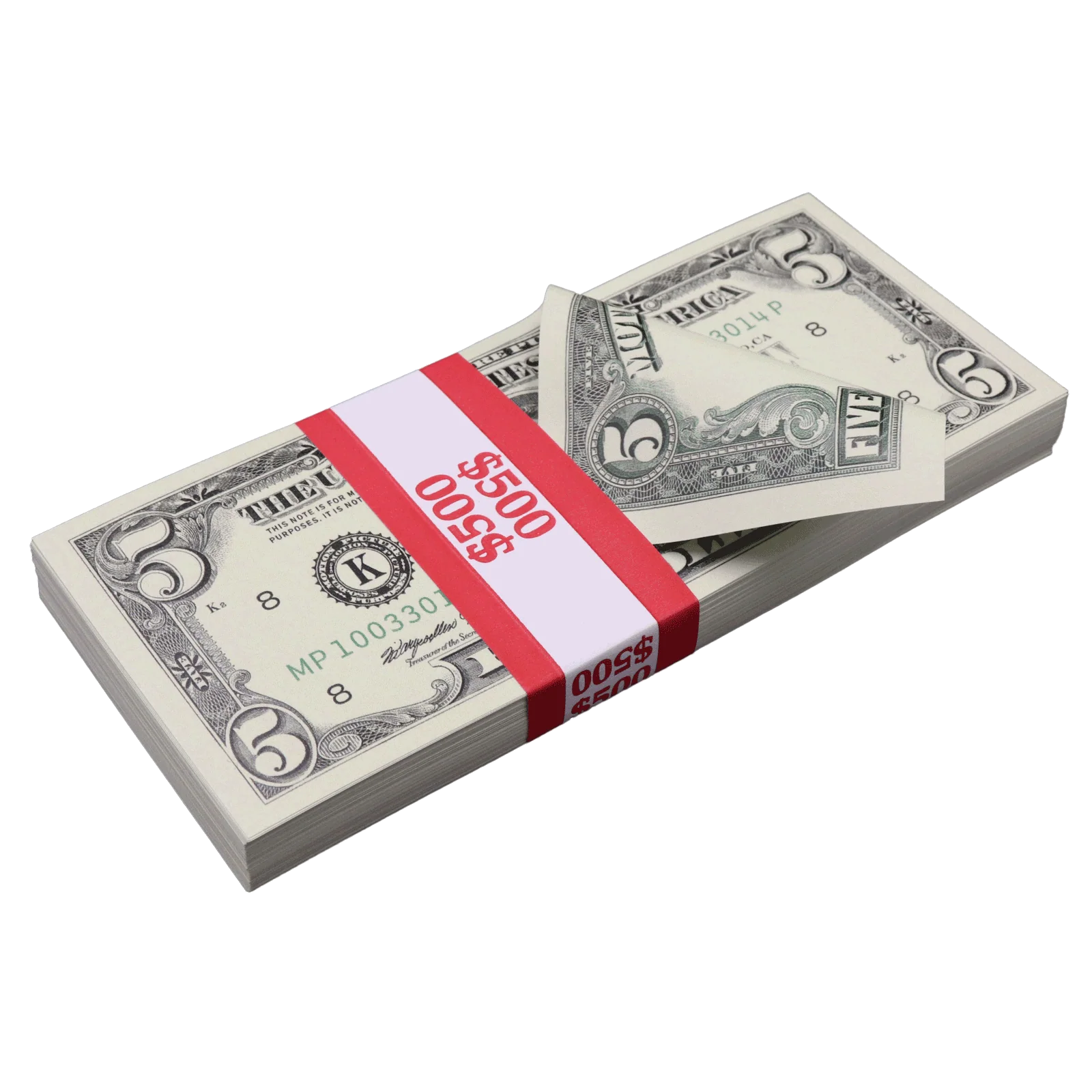 Money Prop - 1990 Series $5 Full Print $500 Stack - Image 2