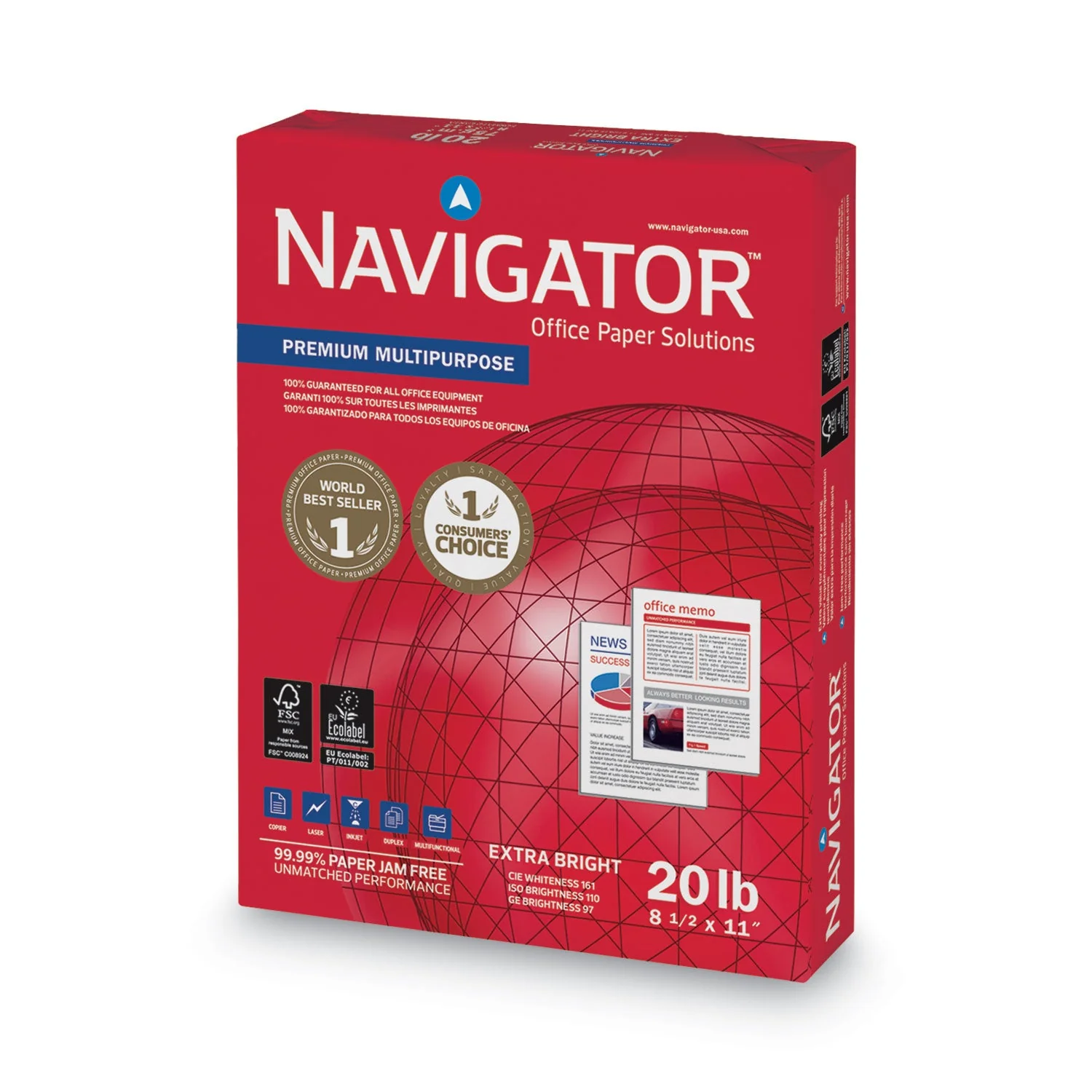 Navigator Premium Multipurpose Copy Paper, 97 Bright, 20 lb Bond Weight, 8.5 x 11, White, 500 Sheets/Ream, 10 Reams/Carton - Image 2