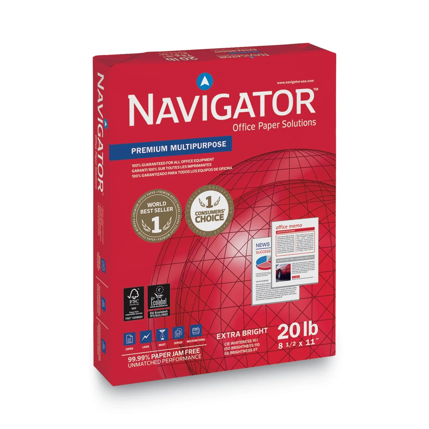 Navigator Premium Multipurpose Copy Paper, 97 Bright, 20 lb Bond Weight, 8.5 x 11, White, 500 Sheets/Ream, 10 Reams/Carton - Image 3