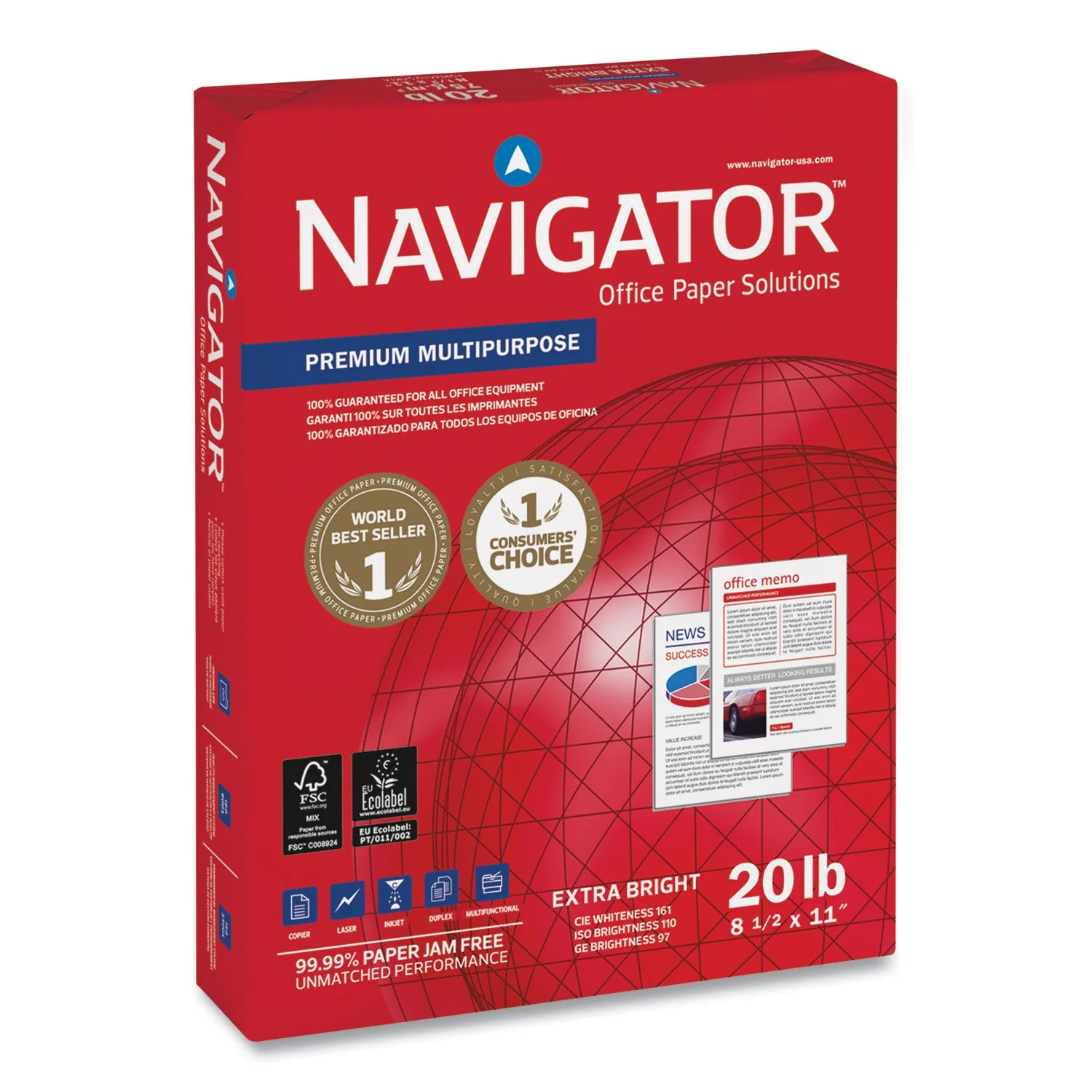 Navigator Premium Multipurpose Copy Paper, 97 Bright, 20 lb Bond Weight, 8.5 x 11, White, 500 Sheets/Ream, 5 Reams/Carton - Image 2