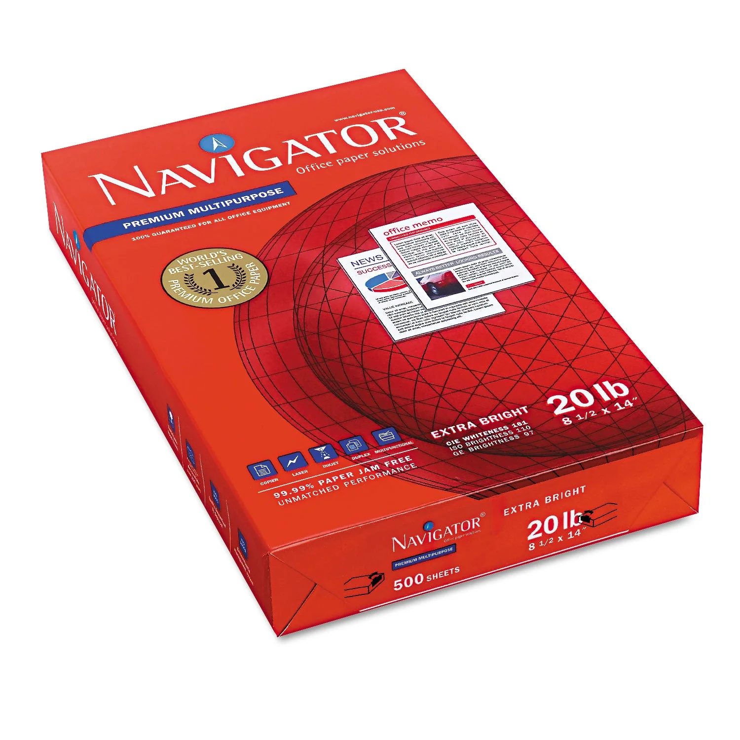 Navigator Premium Multipurpose Copy Paper, 97 Bright, 20 lb Bond Weight, 8.5 x 14, White, 500 Sheets/Ream, 10 Reams/Carton - Image 2