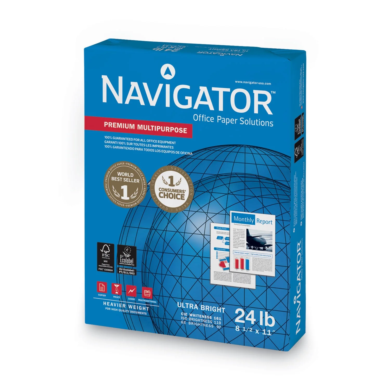 Navigator Premium Multipurpose Copy Paper, 97 Bright, 24 lb Bond Weight, 8.5 x 11, White, 500 Sheets/Ream, 10 Reams/Carton - Image 2