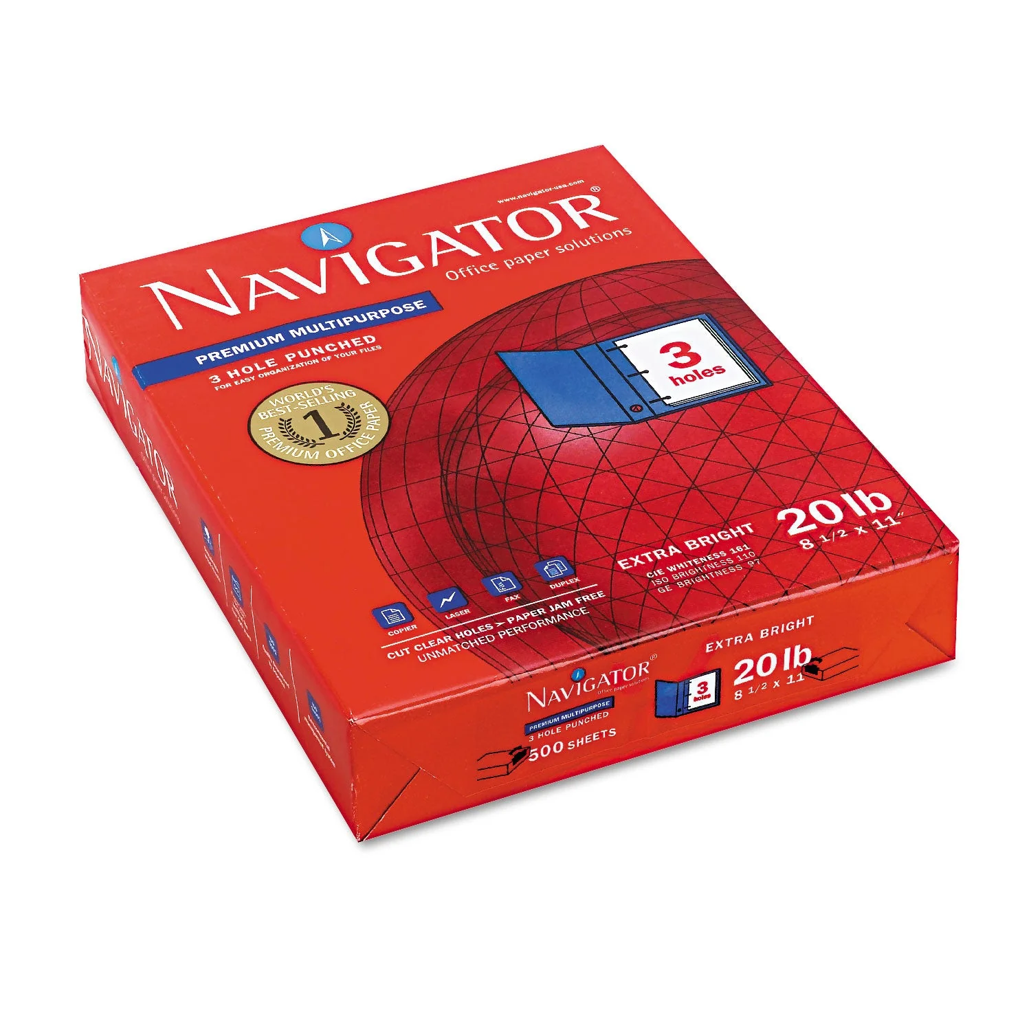 Navigator Premium Multipurpose Copy Paper, 97 Bright, 3-Hole, 20 lb Bond Weight, 8.5 x 11, White, 500 Sheets/Ream, 10 Reams/Carton - Image 3