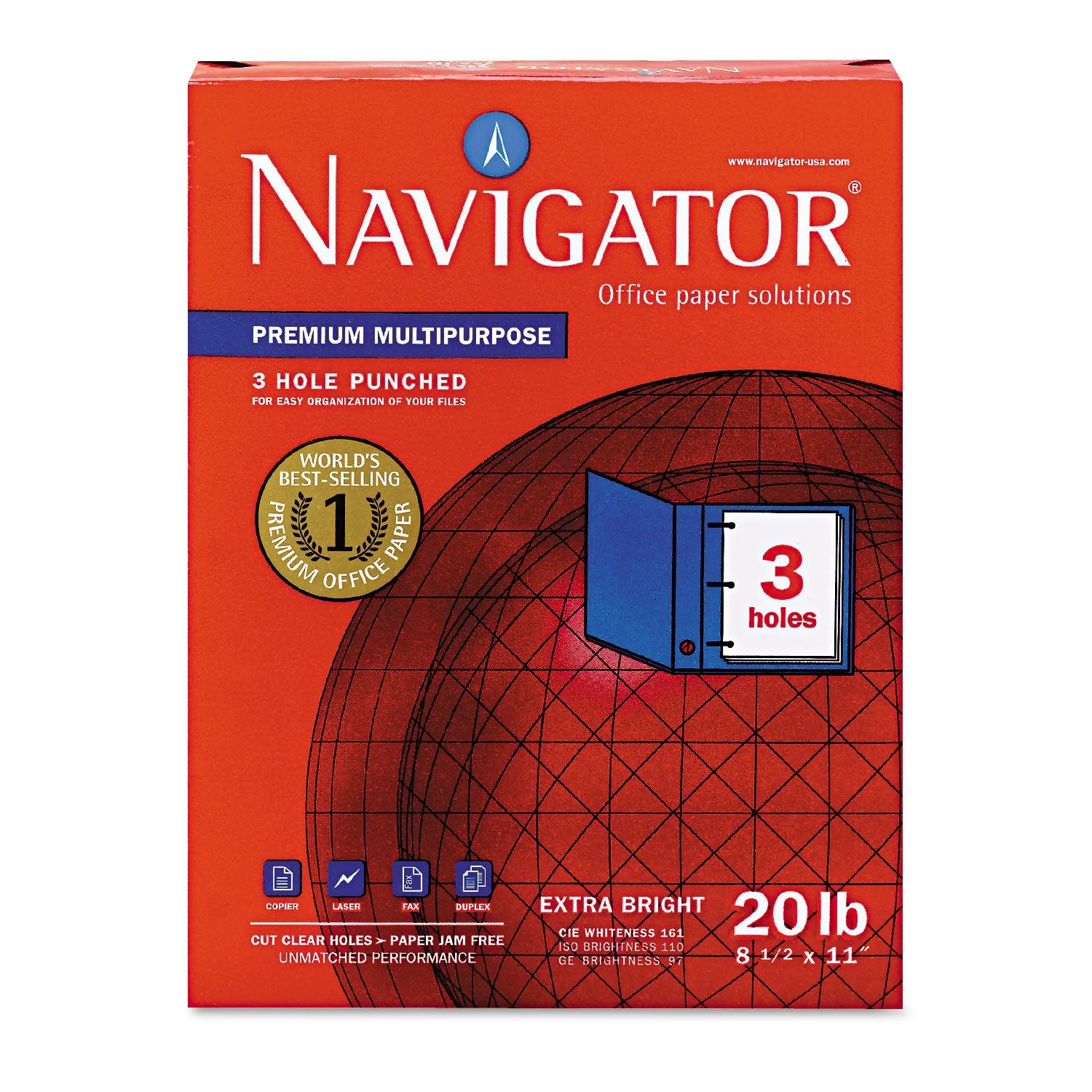 Navigator Premium Multipurpose Copy Paper, 97 Bright, 3-Hole, 20 lb Bond Weight, 8.5 x 11, White, 500 Sheets/Ream, 10 Reams/Carton - Image 4