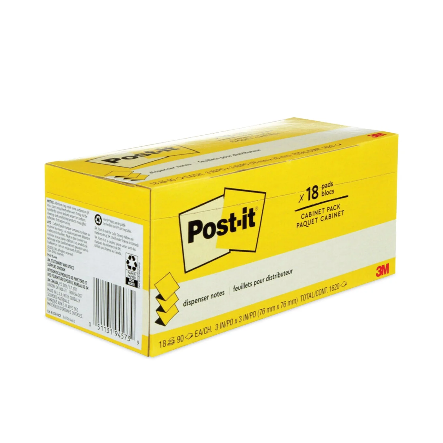 3M Post-it Original Canary Yellow Pop-up Refill Cabinet Pack, 3" x 3", Canary Yellow, 90 Sheets/Pad, 18 Pads/Pack - Image 3