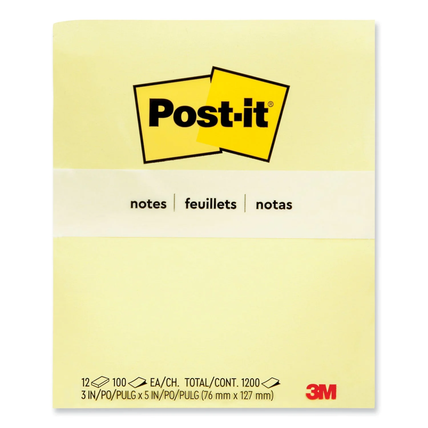 3M Post-it Original Pads in Canary Yellow, 3" x 5", 100 Sheets/Pad, 12 Pads/Pack - Image 2