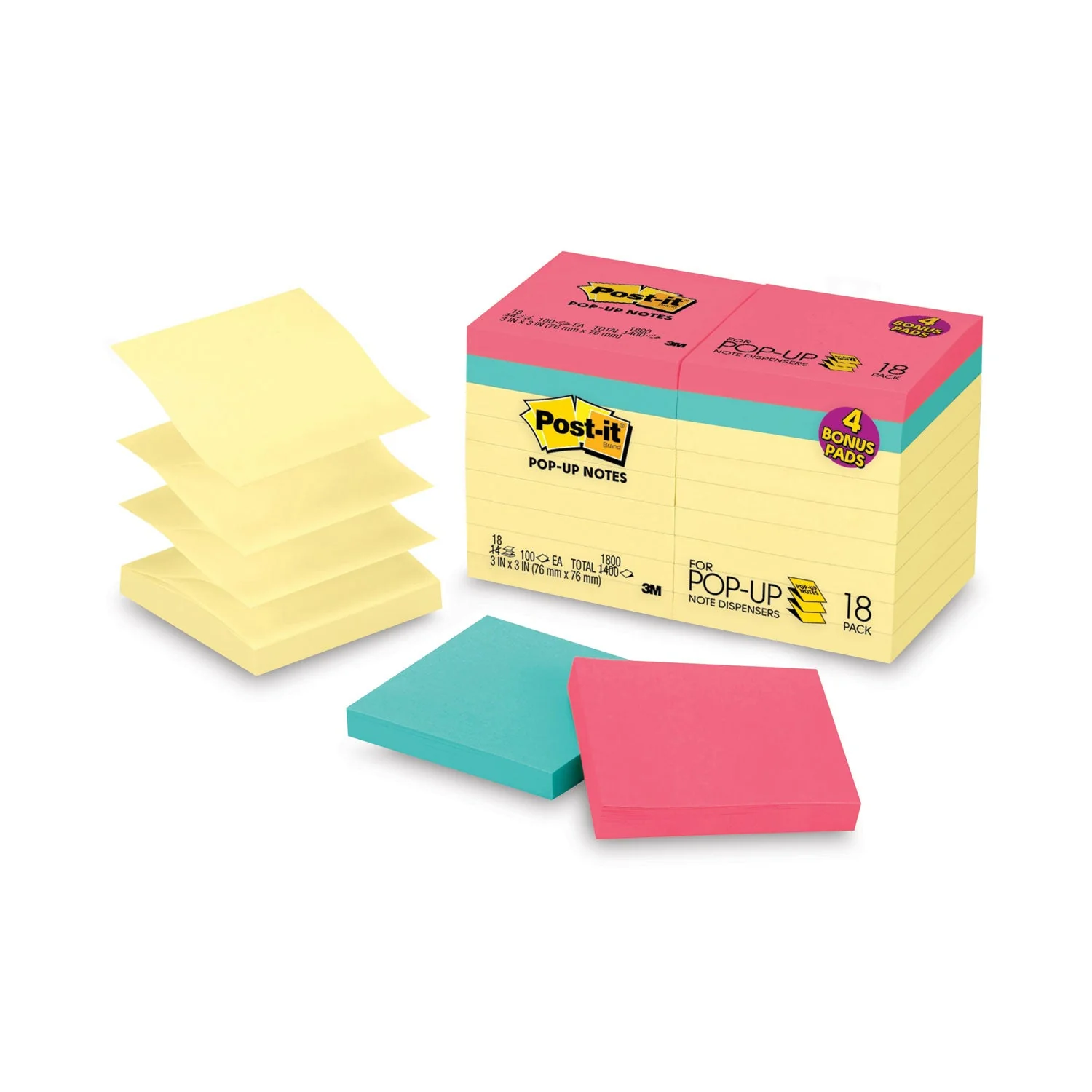 3M Post-it Original Pop-up Notes Value Pack, 3 x 3, (14) Canary Yellow, (4) Poptimistic Collection Colors, 100 Sheets/Pad, 18 Pads/Pack - Image 2