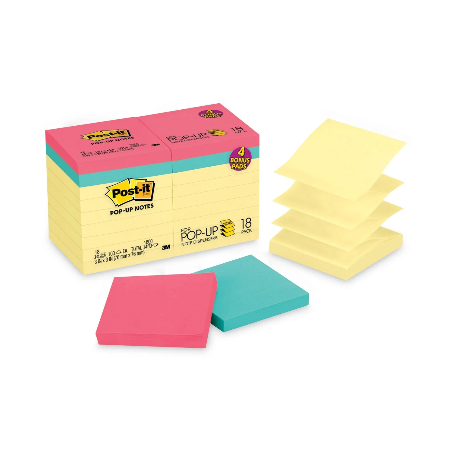 3M Post-it Original Pop-up Notes Value Pack, 3 x 3, (14) Canary Yellow, (4) Poptimistic Collection Colors, 100 Sheets/Pad, 18 Pads/Pack - Image 3