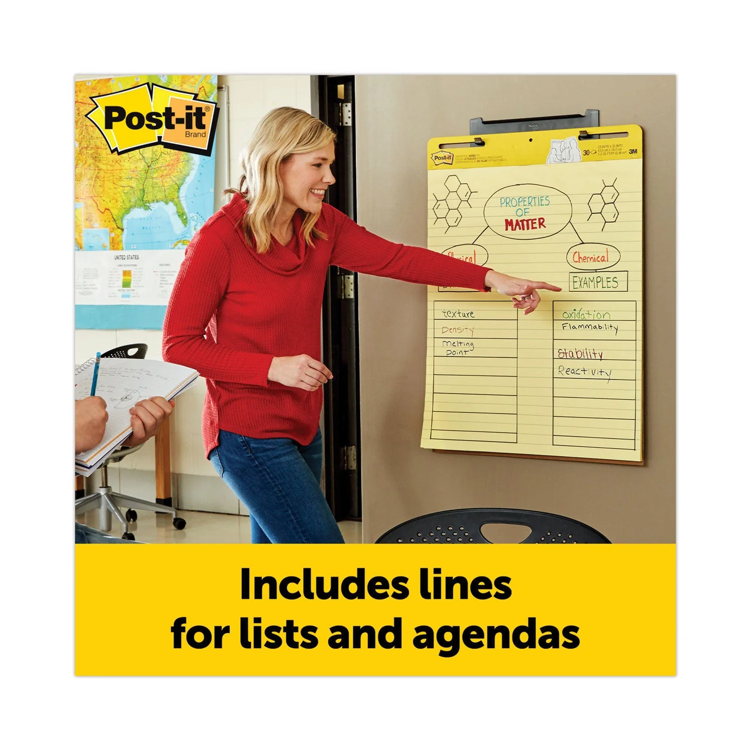 3M Post-it Vertical-Orientation Self-Stick Easel Pad Value Pack, Presentation Format (1.5" Rule), 25 x 30, Yellow, 30 Sheets, 4/Carton - Image 4