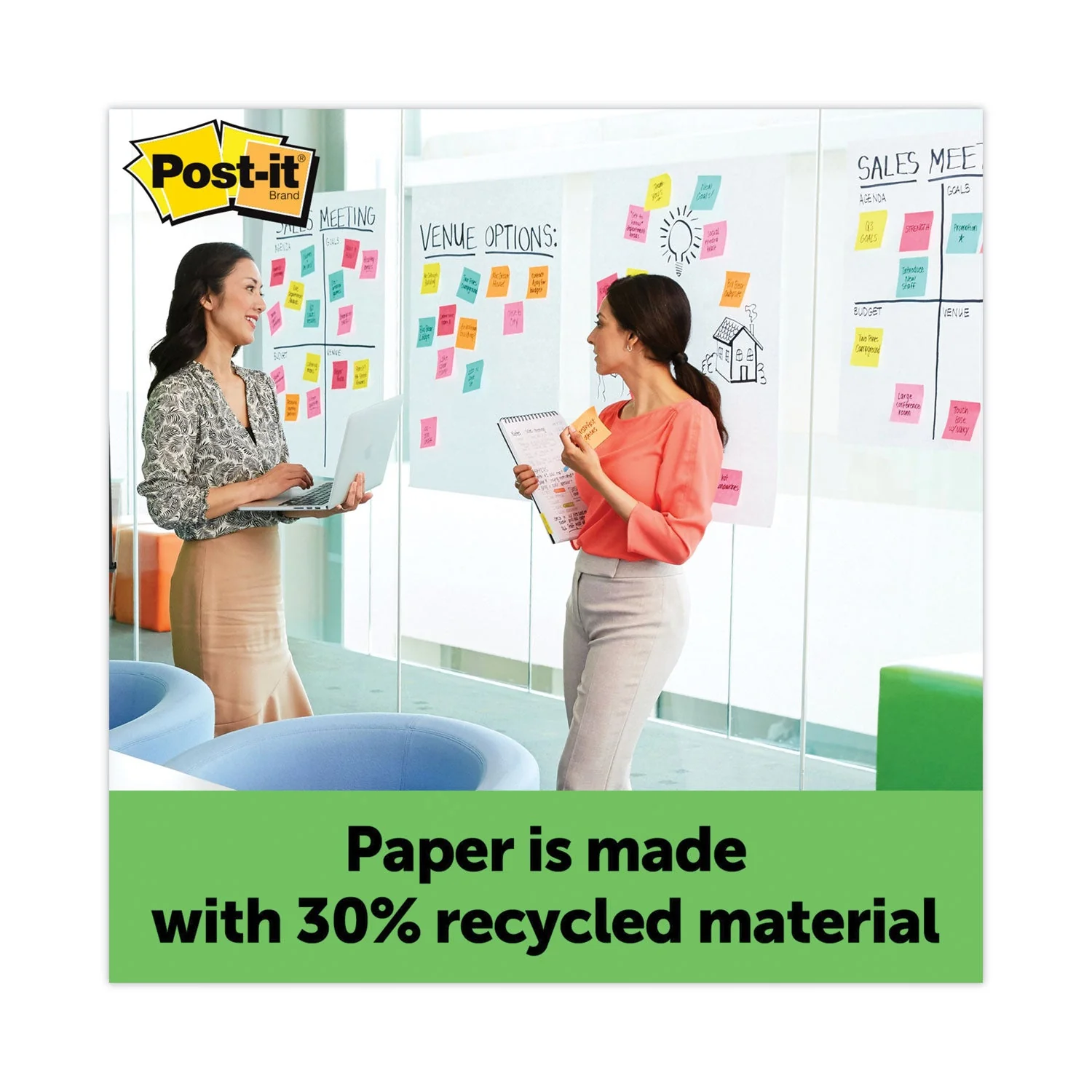 3M Post-it Vertical-Orientation Self-Stick Easel Pads, Green Headband, Unruled, 25 x 30, White, 30 Sheets, 2/Carton - Image 6