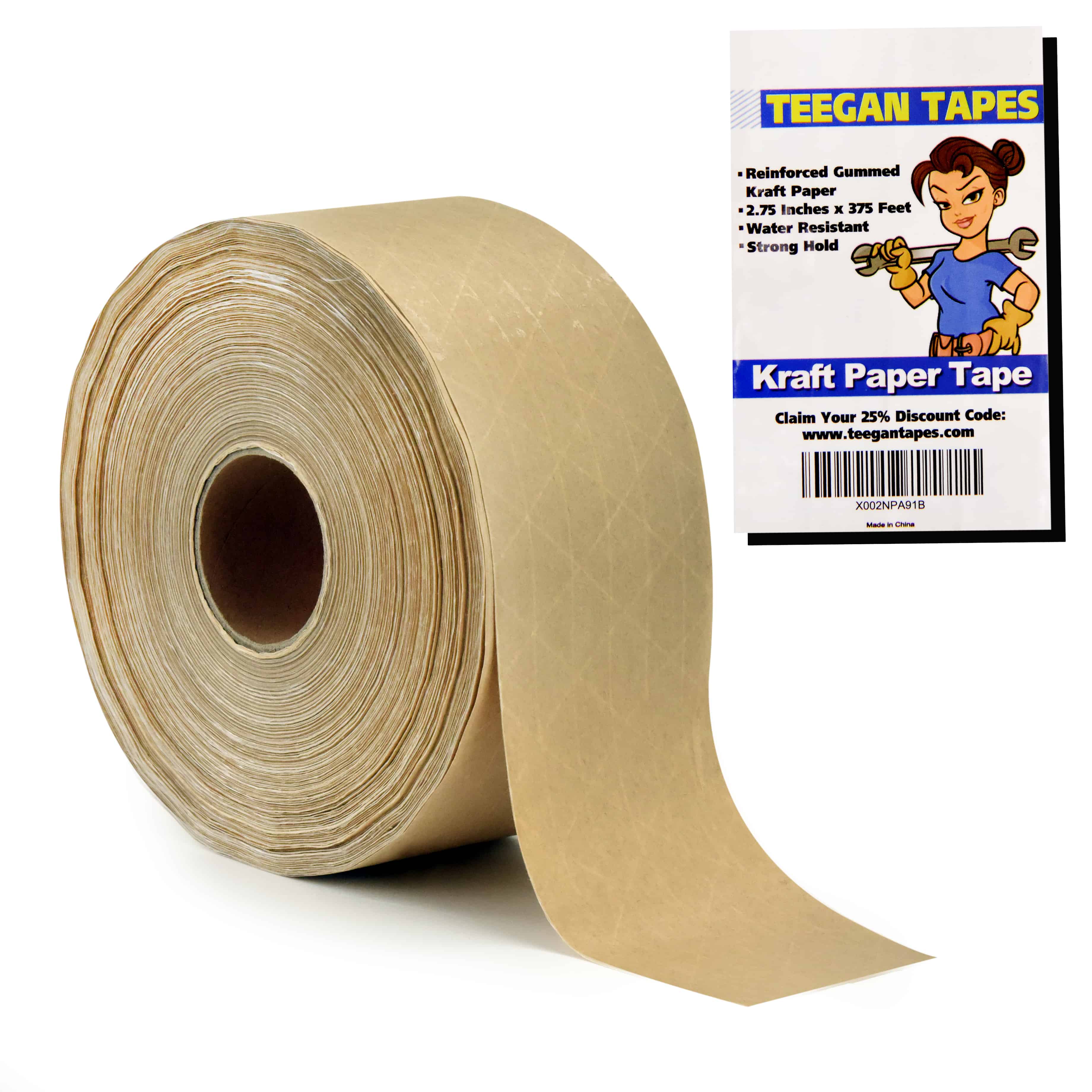 Teegan Tapes Reinforced Gummed Kraft Paper Packing Tape 2.75 Inch x 375 Ft - Image 3