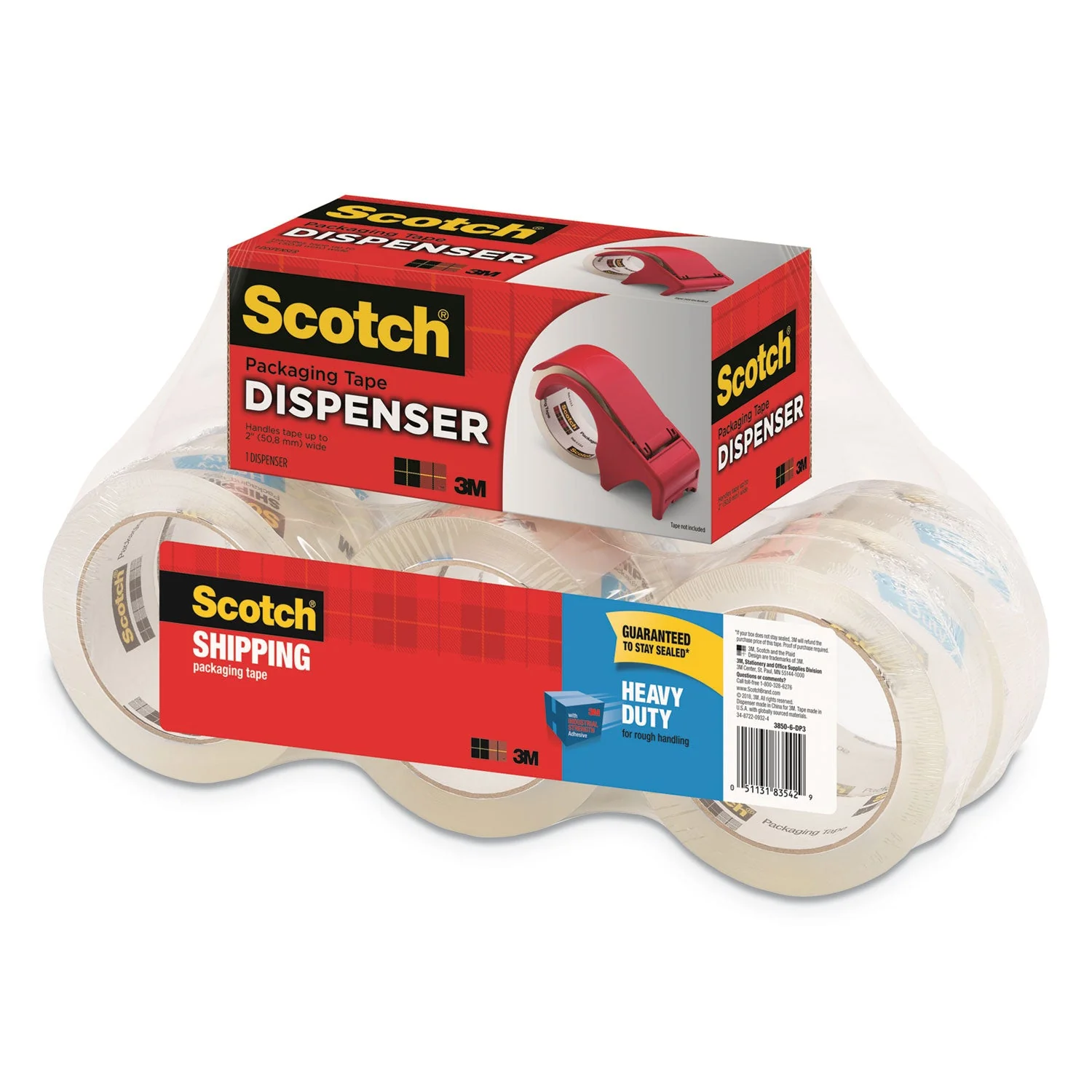 Scotch 3850 Heavy-Duty Packaging Tape with DP300 Dispenser, 3" Core, 1.88" x 54.6 yds, Clear, 6/Pack - Image 3