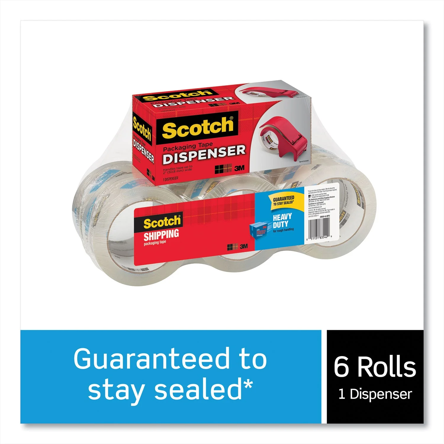 Scotch 3850 Heavy-Duty Packaging Tape with DP300 Dispenser, 3" Core, 1.88" x 54.6 yds, Clear, 6/Pack - Image 4