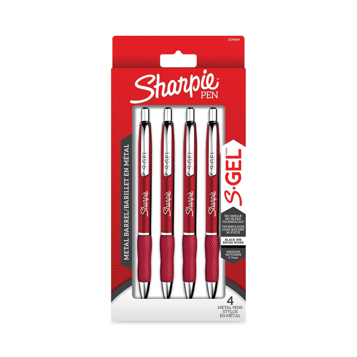 Sharpie S-Gel Premium Metal Barrel Gel Pen, Retractable, Medium 0.7 mm, Black Ink, Red Barrel, 4/Pack - Image 2