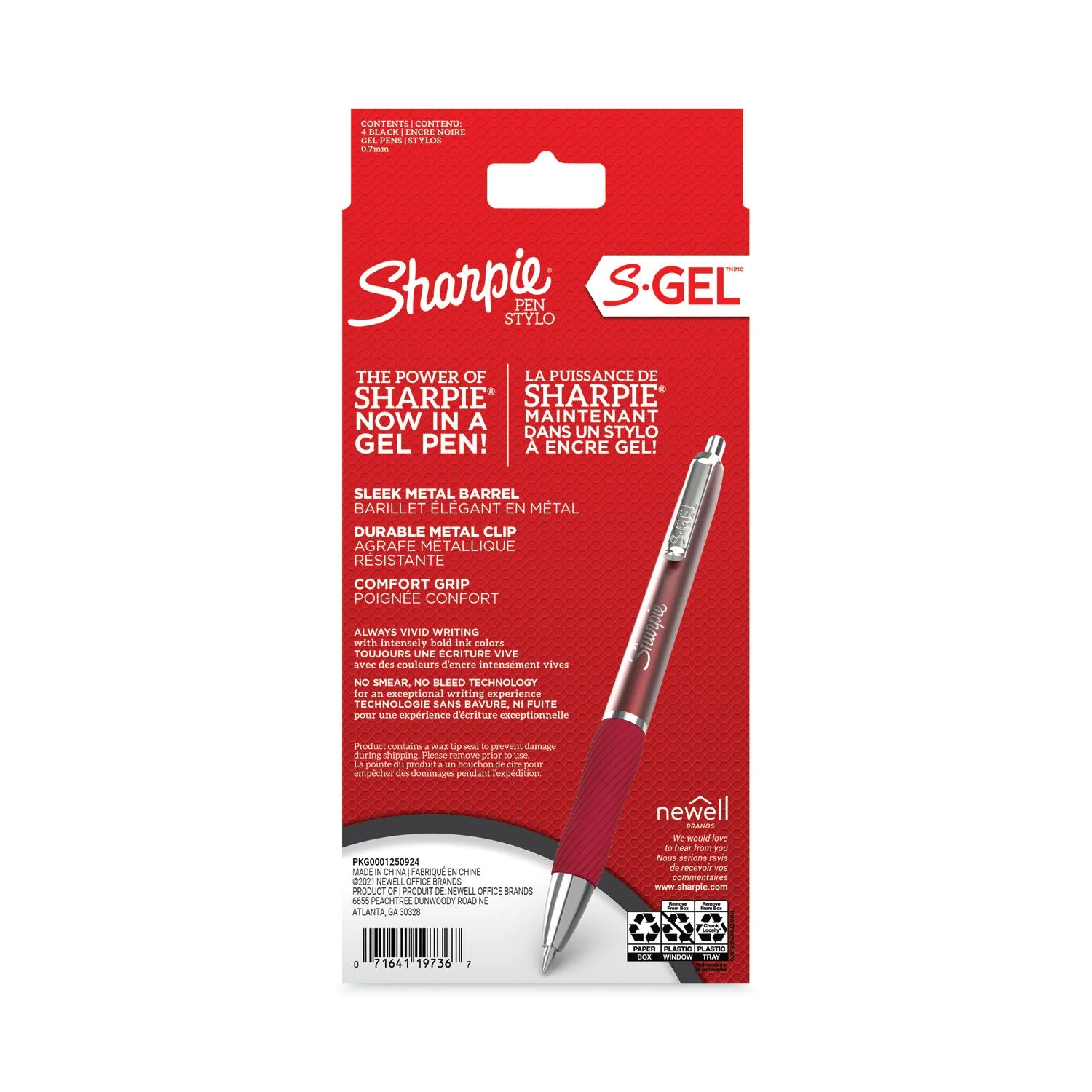 Sharpie S-Gel Premium Metal Barrel Gel Pen, Retractable, Medium 0.7 mm, Black Ink, Red Barrel, 4/Pack - Image 3