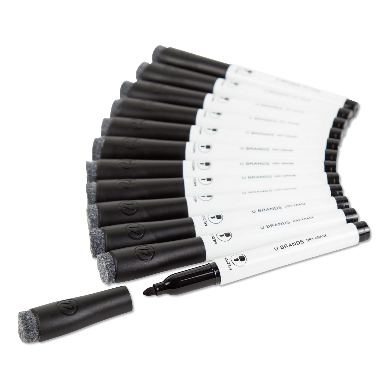 U Brands Medium Point Low-Odor Dry-Erase Markers with Erasers, Medium Bullet Tip, Black, Dozen - Image 3
