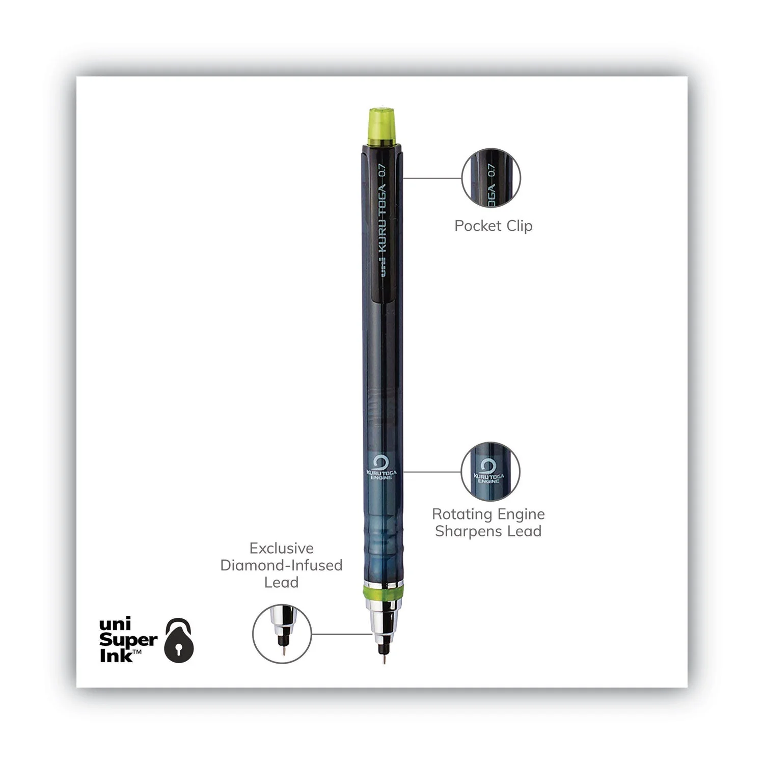 uniball KuruToga Mechanical Pencil, 0.7 mm, HB (#2), Black Lead, Black/Green Barrel - Image 3